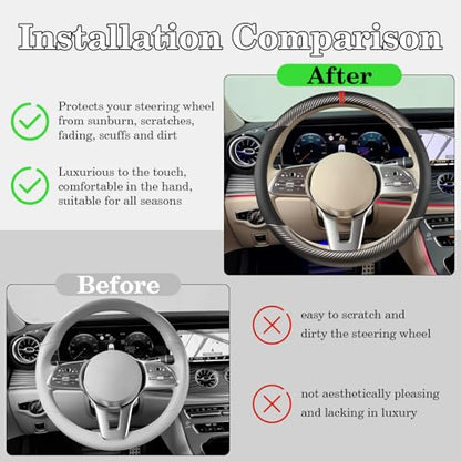 Black & Grey Carbon Fiber Leather Steering Wheel Cover, Microfiber Leather, Anti-Slip, Breathable, Universal Fit for 14.5–15 in Steering Wheel Cover for Men Women - color: Splicing Carbon Fiber - Black and Grey