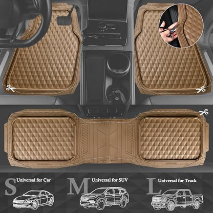 CAR PASS Heavy Duty Rubber Beige Car Floor Mats & Cargo Liners, Deep Dish All-Weather Trunk Mats Durable Anti-Slip 3D Rhombus Waterproof Trim to Fit Liner Universal Fit Auto,Sedan,SUV,Truck, Beige - color: beige with cargo liner