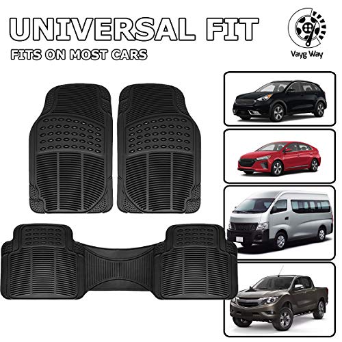 VaygWay Universal 3 Piece Heavy Duty Front and Rear Black Rubber Floor Mats - Premium Quality Trimmable Universal Fit All Weather Protection Floor Mats for Car Van SUV Truck - style: Front and Rear Car Floor Mat