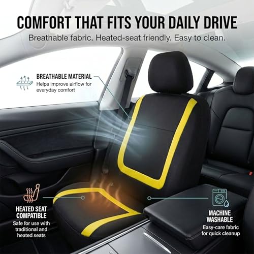 FH Group Car Seat Covers Unique Flat Cloth Full Set Automotive Seat Covers Front Set and Rear Solid Bench Yellow Black Seat Covers w. Gift Universal Fit Interior Accessories for Cars Trucks and SUVs - color: Yellow