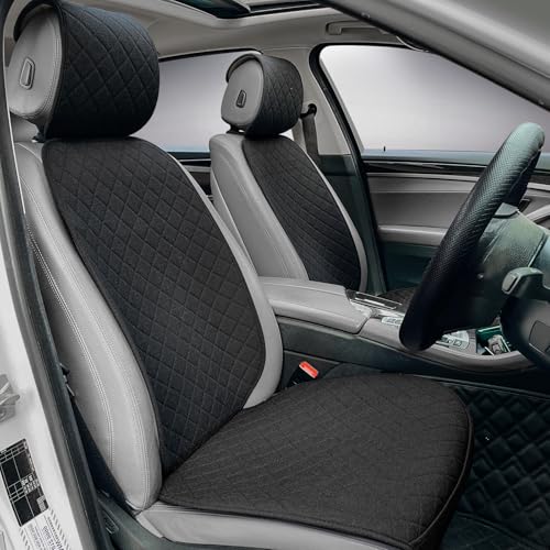 Linen Car Seat Covers Front Seat Covers Breathable Cloth Fabric Car Seat Protector - Universal Fit for Cars, Vans, SUVs, Trucks - 2 Units - Black