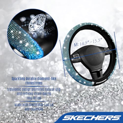 Skechers Women’s Bling Steering Wheel Cover, Velvet with Sparkly Crystal Rhinestones, Stylish Car Interior Gift, Universal Fit 14" 1/2-15" for Cars, SUVs, Trucks, Blue Diamond