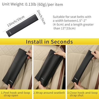 2PCS Car Seat Belt Cover Pad Extra Long 13 Inch, Car Seat Shoulder Strap Pads, Thick Leather Seatbelt Cushion Protect Neck & Shoulder, Universal Car Seatbelt Covers Pad for Most Vehicles (Black)