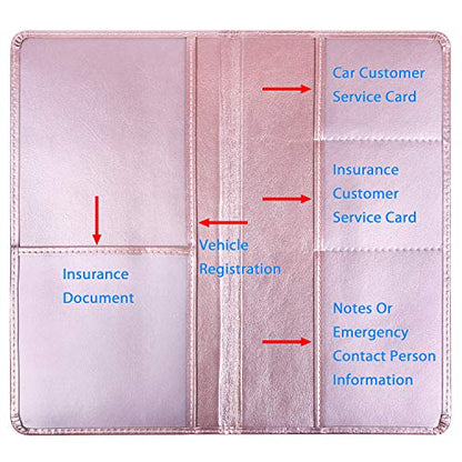 Wisdompro Car Document Holder Organiser, PU Leather Vehicle Insurance and Registration Holders Wallet Case for ID Card, Driving Licence, Key Contact Information Cards - color: Rose Gold