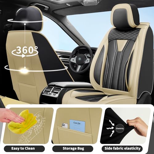 Fit Civic Car Seat Covers Compatible with Honda Civic 2001-2025 2026 -Premium Leather，Waterproof Breathable，All-Weather Seat Cushion Protecto&Airbag Compatible(2 Front Seat Beige&Black) - color: Front Pair 【Beige Black#02】, size: For Honda Civic 2001-2025