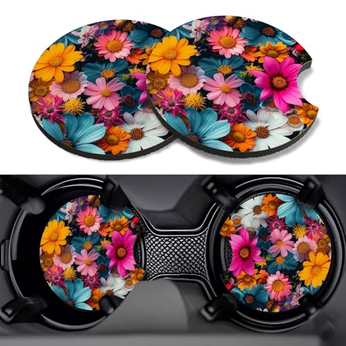 Car Cup Coasters,2 Pack Car Coaster,2.75inch Anti Slip and Absorbent Cars Coasters for Cup Holders,Neopren Accessories for Women,Cute Decor for Women (Colourful Flowers) - color: Colourful Flowers