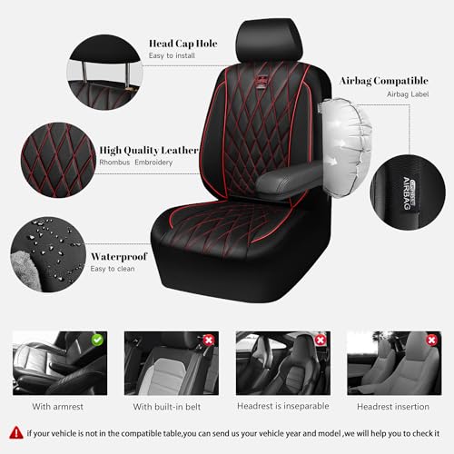 CAR PASS Piping Luxury Leather Seat Covers Full Set,5 Seats Anti-Slip Waterproof Seat Covers Compatible with Front Armrests,Universal Fit for Sendan SUV Van Truck,Airbag Compatible,Black and Red - color: Black with Red, size: Full Set