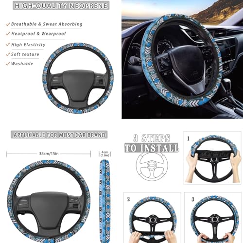 Aztec Style Printed 15 Pack Car Accessories Set, Sea Turtle Printed Car Seat Cover Full Set Steering Wheel Cover Car Headrest Cover Seat Belt Covers Car Coaster - color: Blue-Aztec Style Sea Turtle