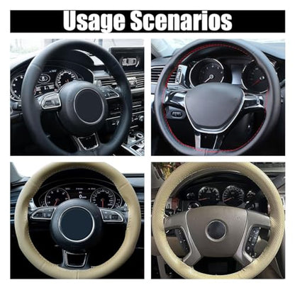 Car Genuine Leather Steering Wheel Cover, DIY Sewing with Needle and Thread, Breathable, and Anti-Slip, Universal 15 Inch Car Steering Wheel Stitching Wrap (Black, Glossy) - color: Black, size: 15 inches - Glossy