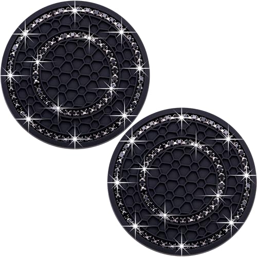 2PCS Bling Crystal Rhinestone Cup Holder Coaster, 2.75 inch Soft Silicone Anti-Slip Shockproof, Car Cup Holder Insert Coasters, Universal Car Interior Accessories for Women (Black) - color: Black & Black, size: 2 pcs