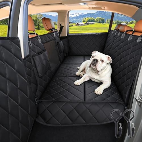 Back Seat Extender for Dogs + 2 Dog Seat Belts, Waterproof Heavy Duty Hard Bottom Car Seat Cover for Dogs with Door Protector Cover & Mesh Window | Dog Hammock for Car Pet Seat Protector for Car/Suv - color: Black, size: Standard Hard Bottom