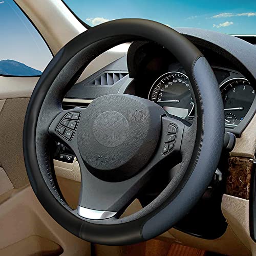 Steering Wheel Cover, Microfiber Leather Splicing with Classic Embossing,Contrasting Colors Anti-Slip Breathable Auto Car Steering Wheel Cover Fit 15 Inch Car Wheel Protector (Black&Blue) - color: Black&Blue