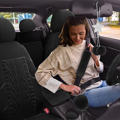 17 Car Seat Cover Full Set for Women,Universal Car Seat Cover,Plush Steering Wheel Cover,Fluffy Soft Wool Handbrake Gear,Suspension Accessories Full SUV((Patterned Black - color: Patterned Black