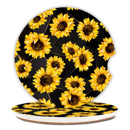 Sunflowers Absorbent Car Coasters 2 Pack for Cup Holders, 2.56" Ceramic Stone & Non-Scratch Cork Base Drink Coasters, Auto Accessories for Women & Men - color: Sunflowers