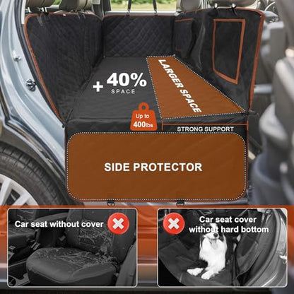 Back Seat Extender for Dogs, Hard Bottom Dog Car Seat Cover for Backseat Support 400lbs, Waterproof Pet Hammock with Mesh Window for SUVs, Cars & Small Trucks