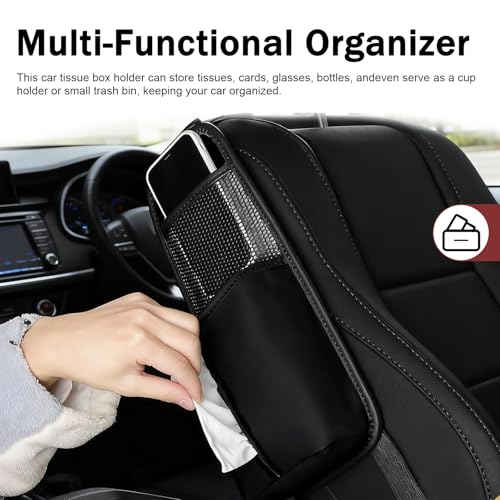 Car Hanging Tissue Holder, Strap-On Non-Slip Front and Back Seat Side Organizer with Mesh Net, Waterproof Leather Space Saving Car Cup Holder, Universal for Most Cars (Black) - color: Black