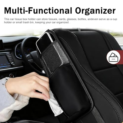 Car Hanging Tissue Holder, Strap-On Non-Slip Front and Back Seat Side Organizer with Mesh Net, Waterproof Leather Space Saving Car Cup Holder, Universal for Most Cars (Black) - color: Black