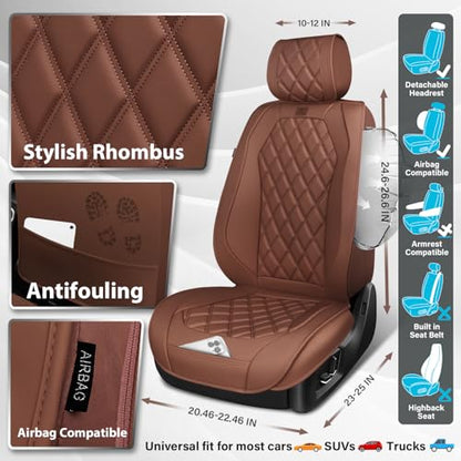 CAR PASS Luxury Nappa Leather Seat Covers Full Set, 3D Rhombus Waterproof Faux Leather Seat Covers, Universal Automotive Seat Cushion Fit for Most Sedan SUV Truck Van, Armrest Airbag Compatible Brown - color: brown