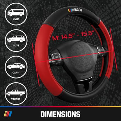 NASCAR Steering Wheel Cover, Two-Tone Red Leather Patchwork, Universal Fit 14.5"-15.5" Steering Covers for Cars, Anti-Slip, Soft Grip, Odor-Free, Trucks & SUVs, Racing Style Interior Upgrade