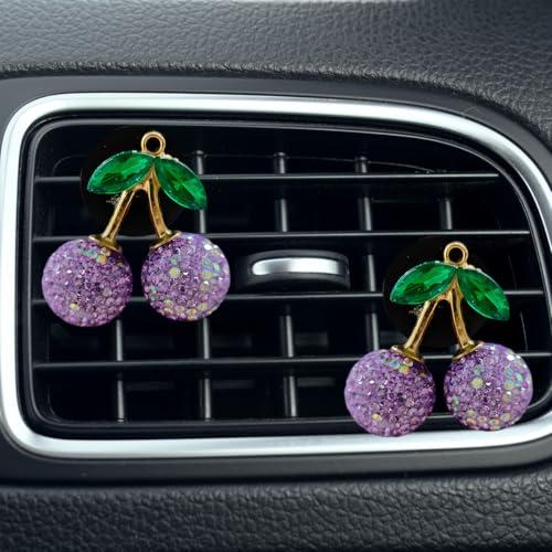 Craedli 2PCS Bling Cherry Car Dashboard Air Vent Trim Clips, Crystal Rhinestone Car Air Vent Outlet Clip, Universal Cute Automotive Interior Decoration Charm Accessories for Women (Purple) - color: Purple