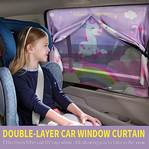 Car Window Shades, 2 PCS Magnetic Double Layer Car Sun Shade for Side Windows Privacy Full Covers/Half Shade Options Unicorn Patterns Car Window Curtains for Baby Protection - color: Purple-2pcs