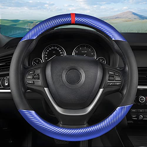 Moly Magnolia Steering Wheel Cover, Carbon Fiber Breathable Microfiber Leather with Non-Slip Lining, Cool in Summer Warm in Winter for Men Women, Universal 15 Inch for Most Cars (Carbon Fiber Blue) - color: Carbon Fiber Blue