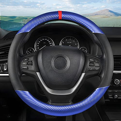 Moly Magnolia Steering Wheel Cover, Carbon Fiber Breathable Microfiber Leather with Non-Slip Lining, Cool in Summer Warm in Winter for Men Women, Universal 15 Inch for Most Cars (Carbon Fiber Blue) - color: Carbon Fiber Blue