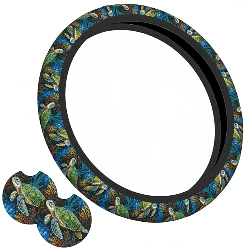 Sea Turtle Steering Wheel Cover + 2 Cup Coasters - Neoprene Non-Slip, Breathable Elasticity Universal Fit 14.5-15.6 Inch for Cars/Trucks/SUV - Car Interior Decoration - color: Sea Turtle 1