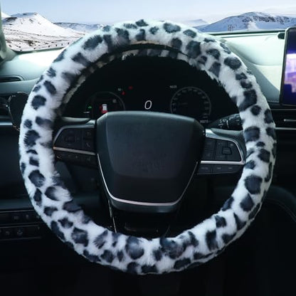 ZHOL Plush Leopard Cheetah Steering Wheel Cover, 15 Inch Universal Fit, Soft Warm Winter Cover with Non-Slip Grip, Heat & Cold Protection Easy Install Fuzzy Cover for Car SUV Truck (Black White) - color: Cheetah White