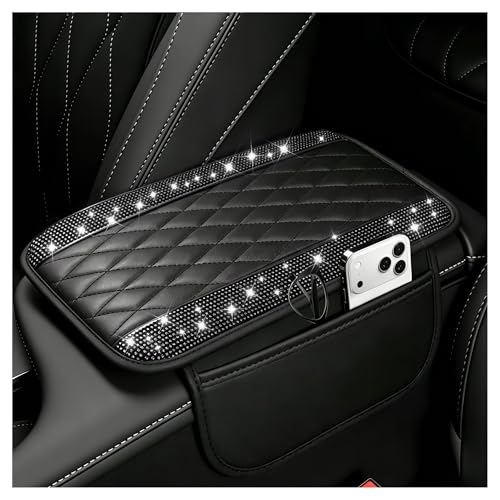 Stacool Upgraded Car Center Console Cover with Rhinestones,Microfiber Leather Car Armrest Cover Cushion with 2 Storage Bags,Universal Cars Armrest Storage Box as Cars Interior Accessories - color: Upgraded Diamond - Bling Black