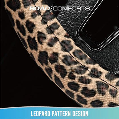 Road Comforts Leopard Steering Wheel Cover for Women, Cute Anti-Slip Microfiber Leather, Universal Fit 14.5-15 Inch Round Steering Wheel - Brown