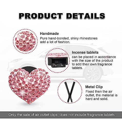 2Pcs Bling Crystal Heart Charms Car Vent Clips - Air Conditioning Outlet Decorative Accessories for Women and Men (Pink)