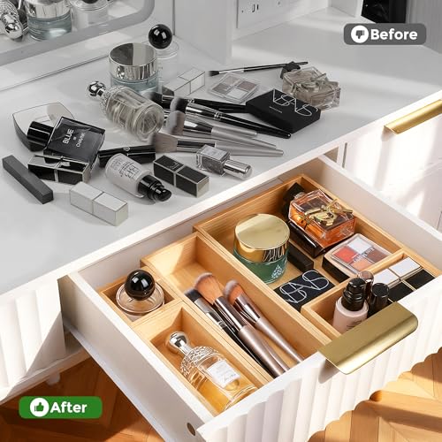 Bamboo Drawer Organizer Set, 14 PCS Multi-Use Individual Wood Storage Organizers, Junk Drawer Divider and Storage Trays Containers for Kitchen, Bathroom, Office Desk, Makeup, Jewelry, Utensils - size: 14