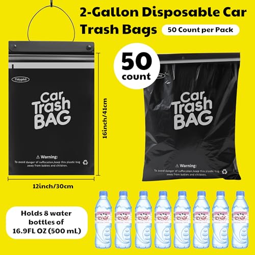 50 Bags Tidyphil Hanging Car Trash Bags Disposable, Leak-proof, Odor Seal. 2 Gallon Car Garbage Bags. Alternative to Car Trash Can, Easy Stick-On Car Garbage Can for Car,SUV, Truck, Vehicle, Stroller. - color: 50 Count(Black)