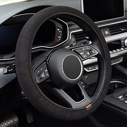 Elastic Stretch Steering Wheel Cover, Warm in Winter and Cool in Summer, Universal 15 inch Microfiber Breathable Ice Silk Anti Slip Car Interior Accessories, Odorless, Easy Carry, Black - color: All black