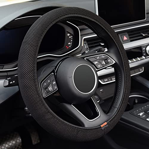 Elastic Stretch Steering Wheel Cover, Warm in Winter and Cool in Summer, Universal 15 inch Microfiber Breathable Ice Silk Anti Slip Car Interior Accessories, Odorless, Easy Carry, Black - color: All black
