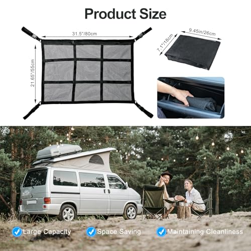 Car Ceiling Cargo Net Pocket, 31"x21" Nine Grid Mesh Nine SUV Roof Organizer Long Trip Storage Bag,Tent Putting Quilt Children's Toy Towel Sundries Interior Accessories