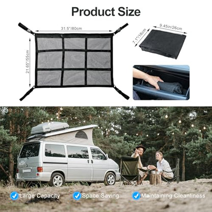 Car Ceiling Cargo Net Pocket, 31"x21" Nine Grid Mesh Nine SUV Roof Organizer Long Trip Storage Bag,Tent Putting Quilt Children's Toy Towel Sundries Interior Accessories