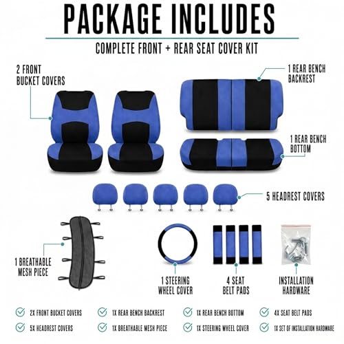 FH Group Full Set Cloth Car Seat Covers , Universal Fit Combo Set with Steering Wheel Cover and Seat Belt Pad for Cars, SUVs and Trucks, Blue - color: Blue/Black