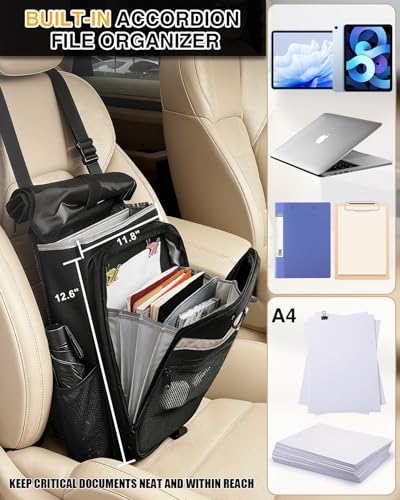 Car Front Seat Organizer with Accordion File Pocket | Laptop Sleeve (Up to 15.6 In) | Privacy Flap | Cup Holders | Adjustable Straps | Holds Tablets, Files, Supplies | for Work on the GO
