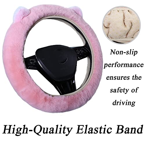 JXJKMMN Cute Fluffy Steering Wheel Cover - Furry Ear, Winter Warm Fuzzy Car Decoration (Pink) - color: Pink