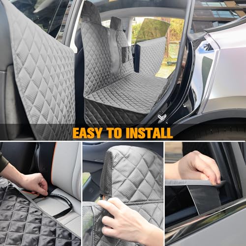 Dog Seat Covers for Tesla Model 3 & Y Back Seat with 2 Pack Door Protectors, 100% Waterproof Dog Hammock for Tesla with Mesh Window & Headrest Protection Prevents Scratches and Scuffs (Gray)