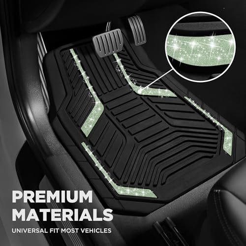 PIC AUTO Car Floor Mats, Green Sparkly Crystal Bling Glitter Car Mats Set, Front and Rear Heavy Duty Rubber Car Mats with Anti-Slip Backing, All Weather, Trim-to-Fit for Automotive SUVs, Sedan, Vans - color: Green Glitter