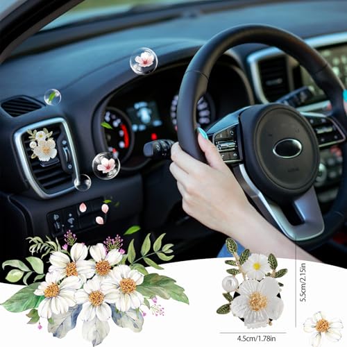 ORIESSE Flower Car Accessories,2pcs White Daisy Bouquet Air Freshener Vent Clips,Car Interior DashBoard Decorations Aesthetics for Women,Refillable Aroma Diffuser