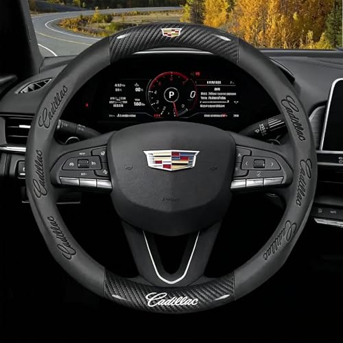 fir for Cadillac Steering Wheel Cover, Carbon Fiber Texture Nappa Leather,Custom Embossed Logo, Round Shape,Car Steering Wheel Protector Compatible with Cadillac Escalade XT4 XT5 XT6 Accessories