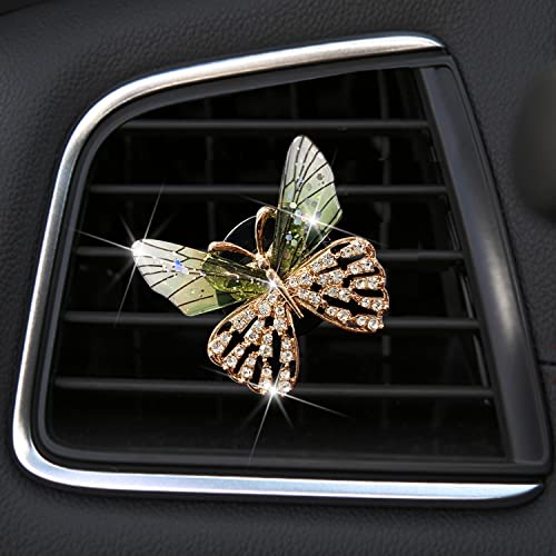 Bling Butterfly Car Vent Clips Rhinestone Decor - Cute Air Freshener & Aromatherapy Accessories for Women, Girls Dashboard Interior Decoration Set (green) - color: green