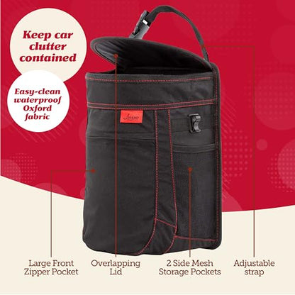 Lusso Gear Spill-Proof Car Trash Can - Leak-Proof Lid & Removable Liner for Car Bin - Travel Organizer with Mesh Pockets - 2.5 Gal, Black w Red Stitching - color: 1-Pack Red, style: 2.5 Gal