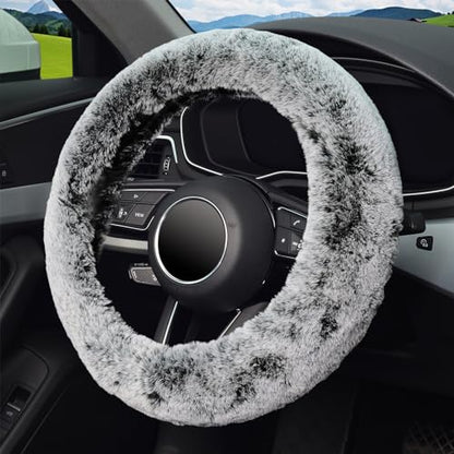 KAFEEK Frost Fluffy Microfiber Plush Steering Wheel Cover for Winter Warm, Universal 15 inch Soft Fuzzy Steering Wheel Cover,Cool Black - color: gray, size: Standard Size[14 1/2''-15'']