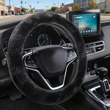 Furry Car Steering Wheel Cover, Heat Absorbing Fluffy Cover, Soft Warm Plush Non-Slip, 14 1/2-15 inch, for Women Girls, Black - color: single cover - black