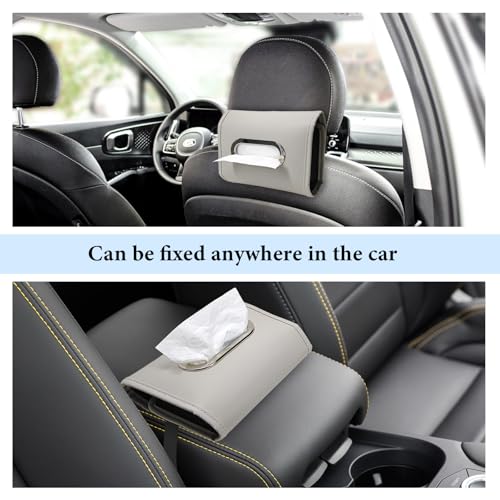 Car Tissue Holder, Premium Leather Rectangular Napkin Case Backseat Tissue Organizer, Classic Style Auto Headrest Storage Box Cover for Regular Size Tissues, Car Accessories (Gray)